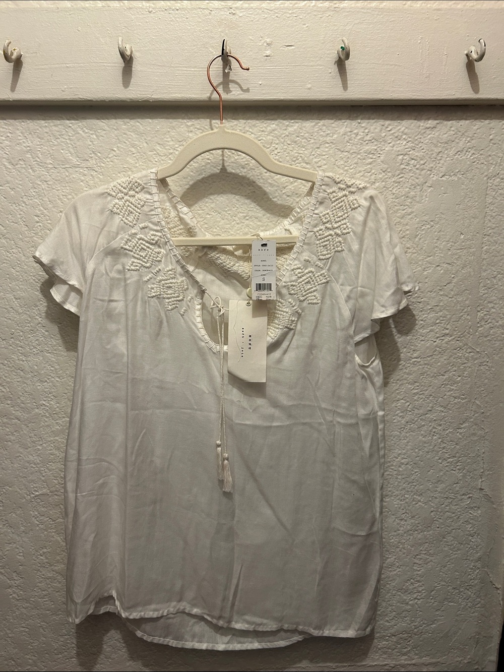 Soft Joie White Embroidered Boho Tie-Neck Blouse
